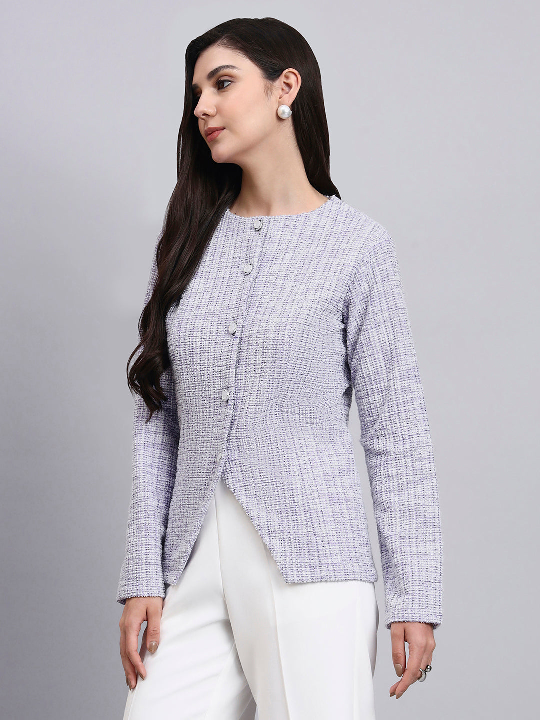 Powersutra Elegant Lilac Warm Tweed Stretchable Top With Pearl Button Detailing And A Sleek Front-Slit Silhouette.