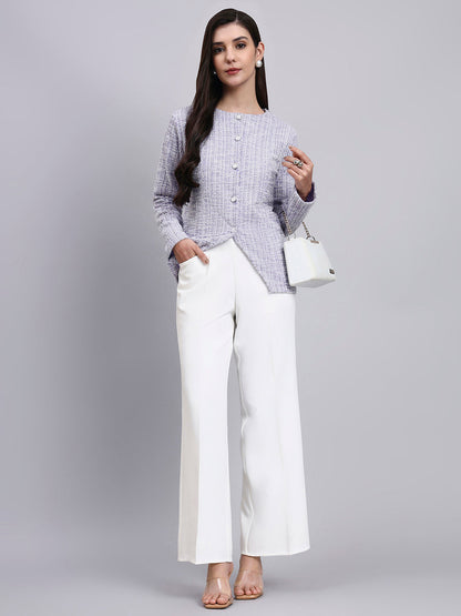 Powersutra Elegant Lilac Warm Tweed Stretchable Top With Pearl Button Detailing And A Sleek Front-Slit Silhouette.