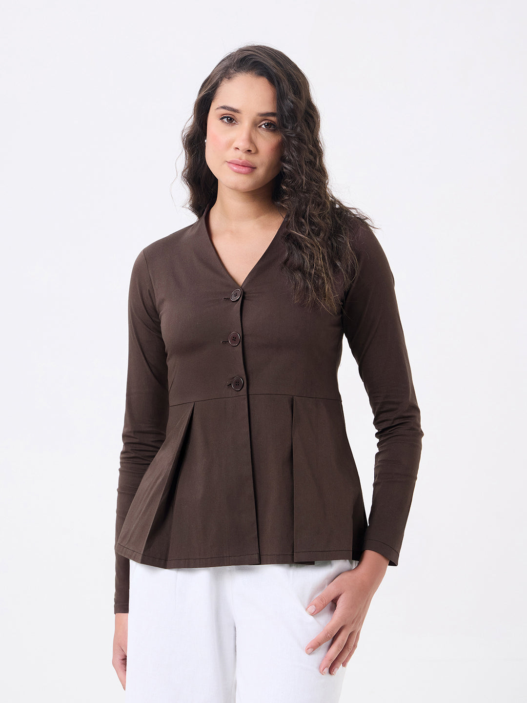 Women Brown V-neck Solid Top