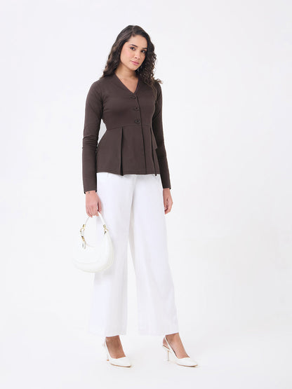 Women Brown V-neck Solid Top