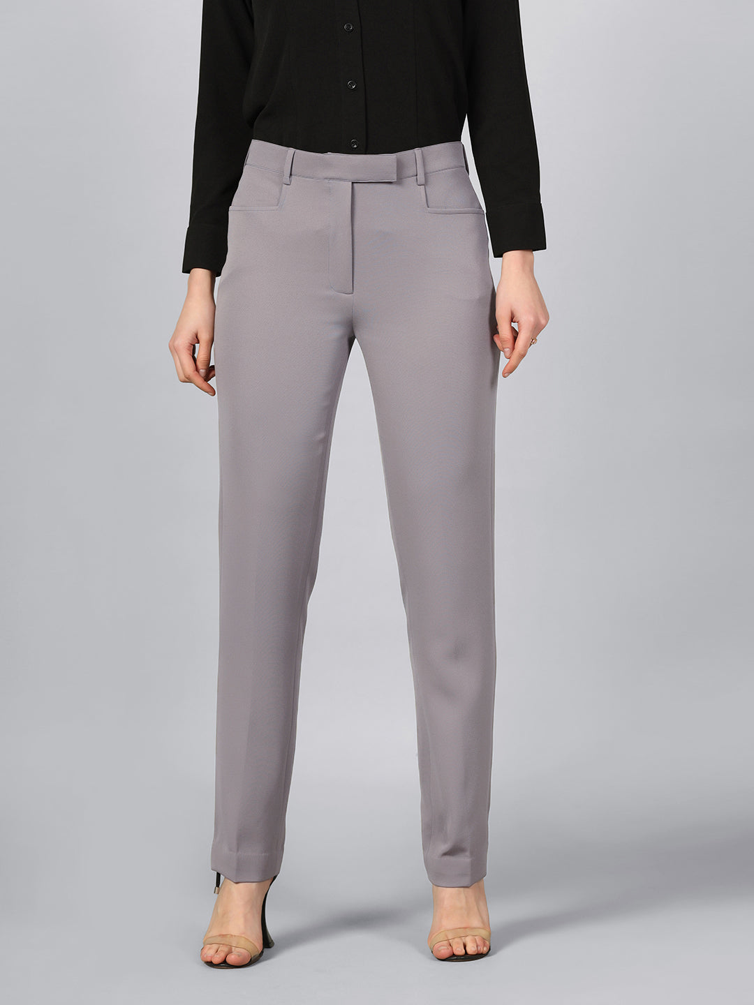 Slim Fit Mid Waist Stretch Pants-Grey