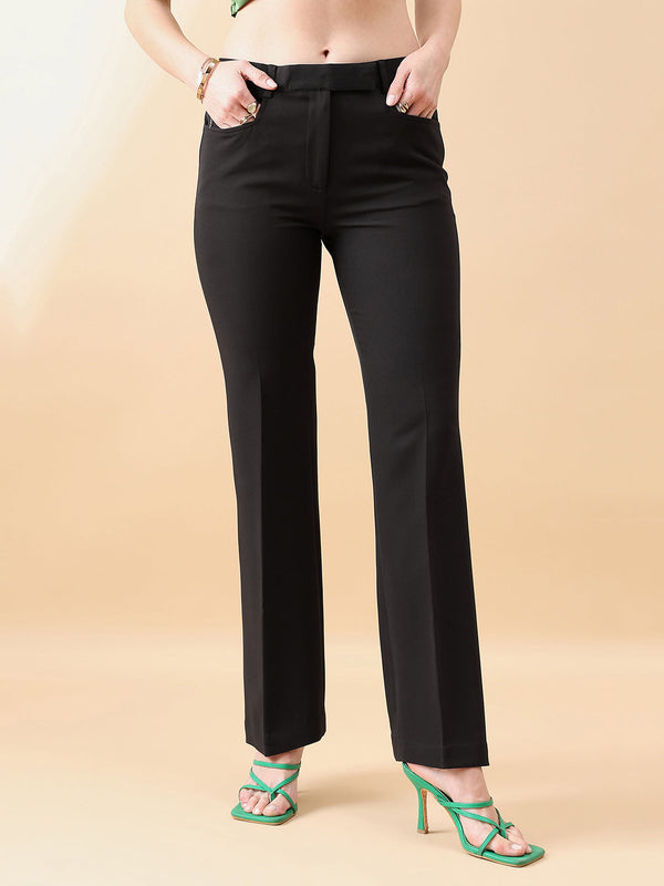 Bell Bottom Mid Waist  Stretch Trouser - BLACK