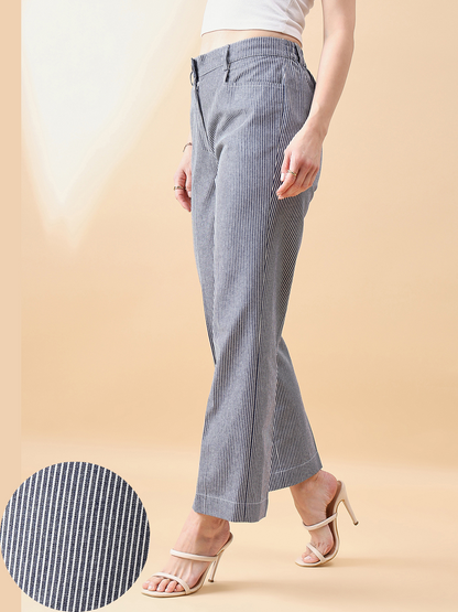 Denim Stripe Mid Waist Straight Trouser - Navy White