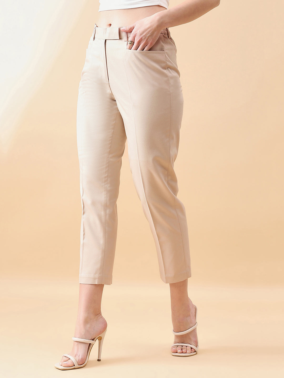 Tapered Mid Waist slim fit Trouser - Beige