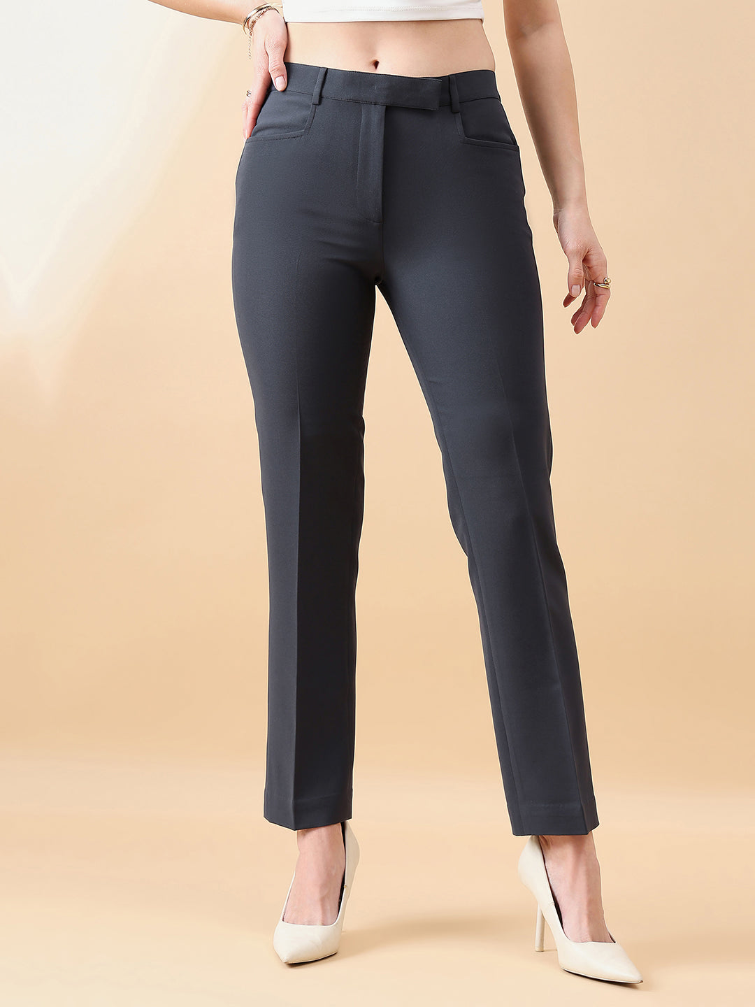 Comfort Fit Mid Waist Stretch Pants- Dark Grey