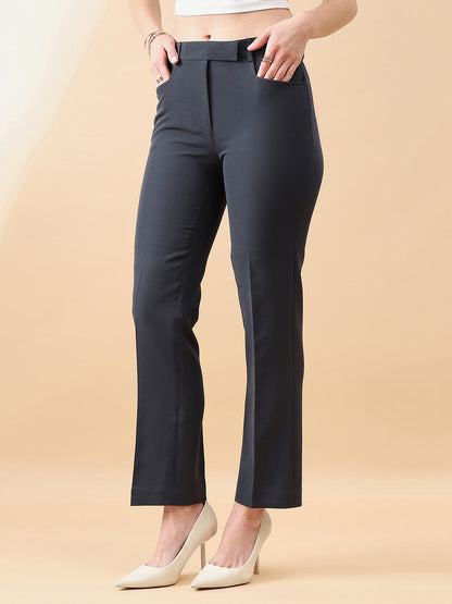 Comfort Fit Mid Waist Stretch Pants- Dark Grey