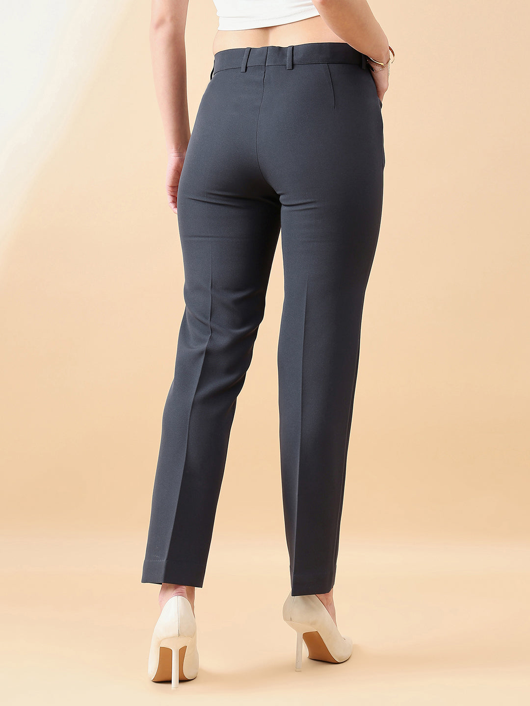 Comfort Fit Mid Waist Stretch Pants- Dark Grey