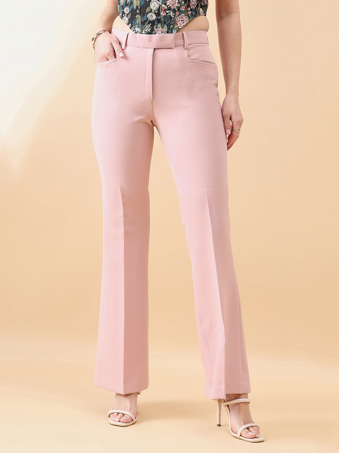 Bell Bottom Mid Waist Stretch Pants- Pink