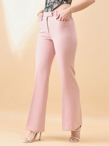 Bell Bottom Mid Waist Stretch Pants- Pink