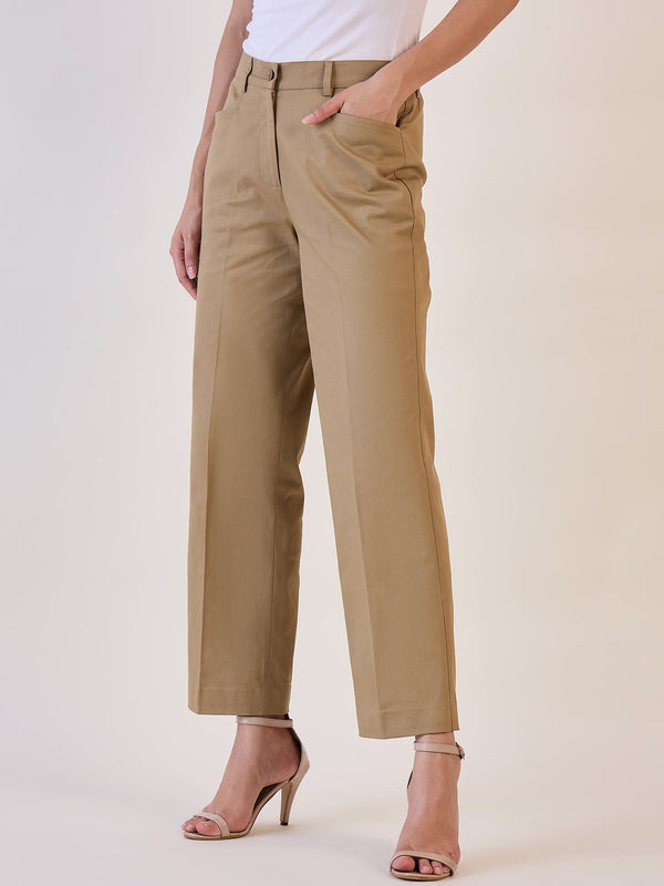 Straight Fit Mid Waist  Trouser - Camel Brown