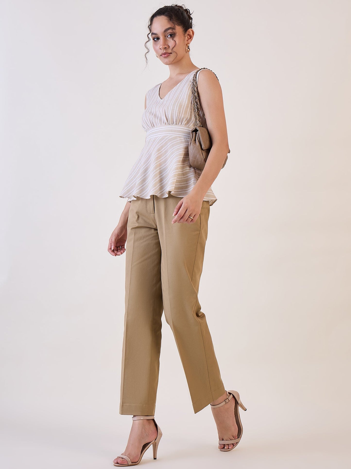 Straight Fit Mid Waist  Trouser - Camel Brown