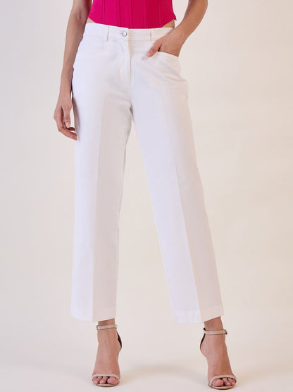 White Straight Fit Mid Waist Trouser