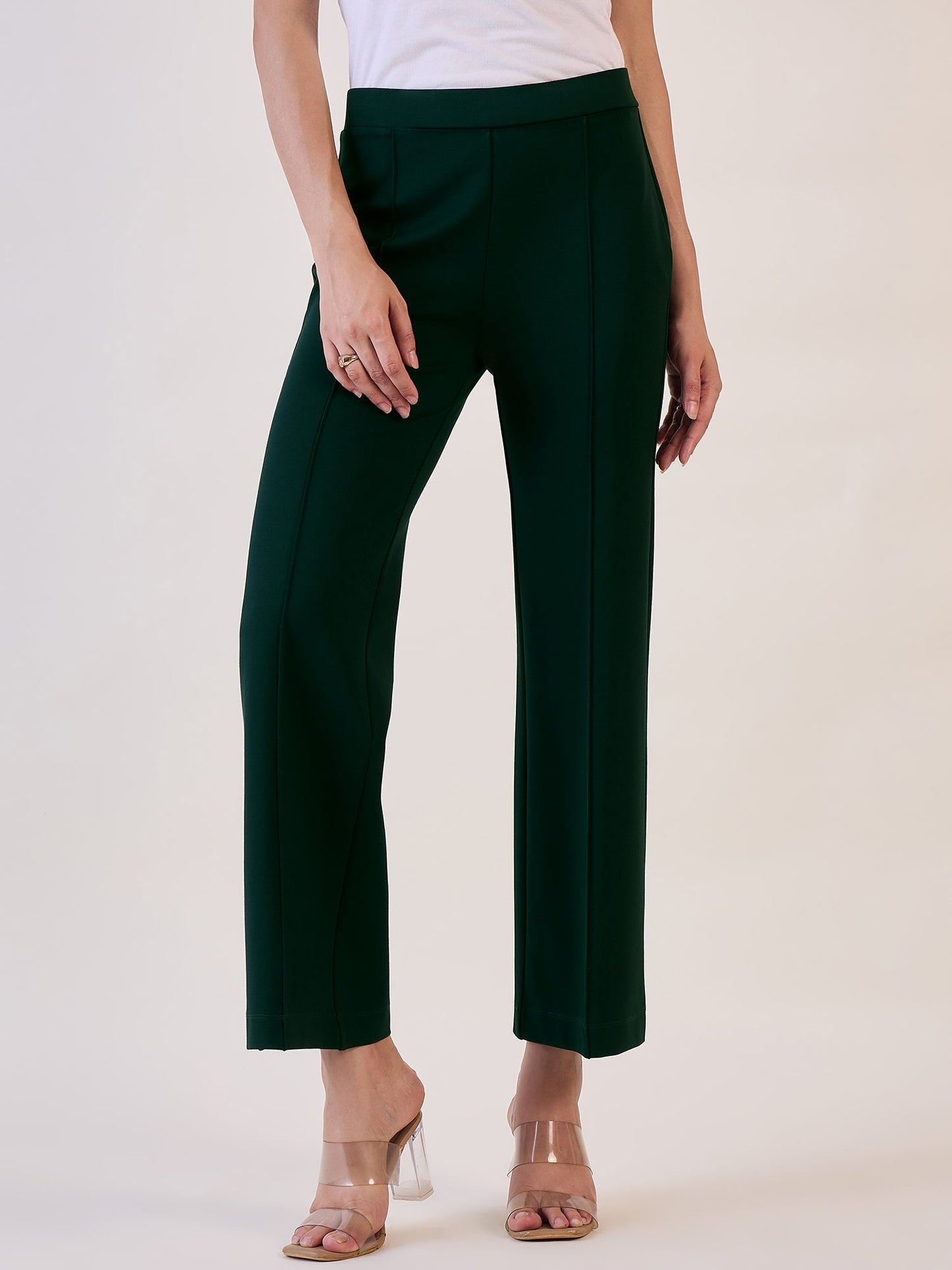 Straight Fit Mid Waist Stretch Trouser -Bottle Green