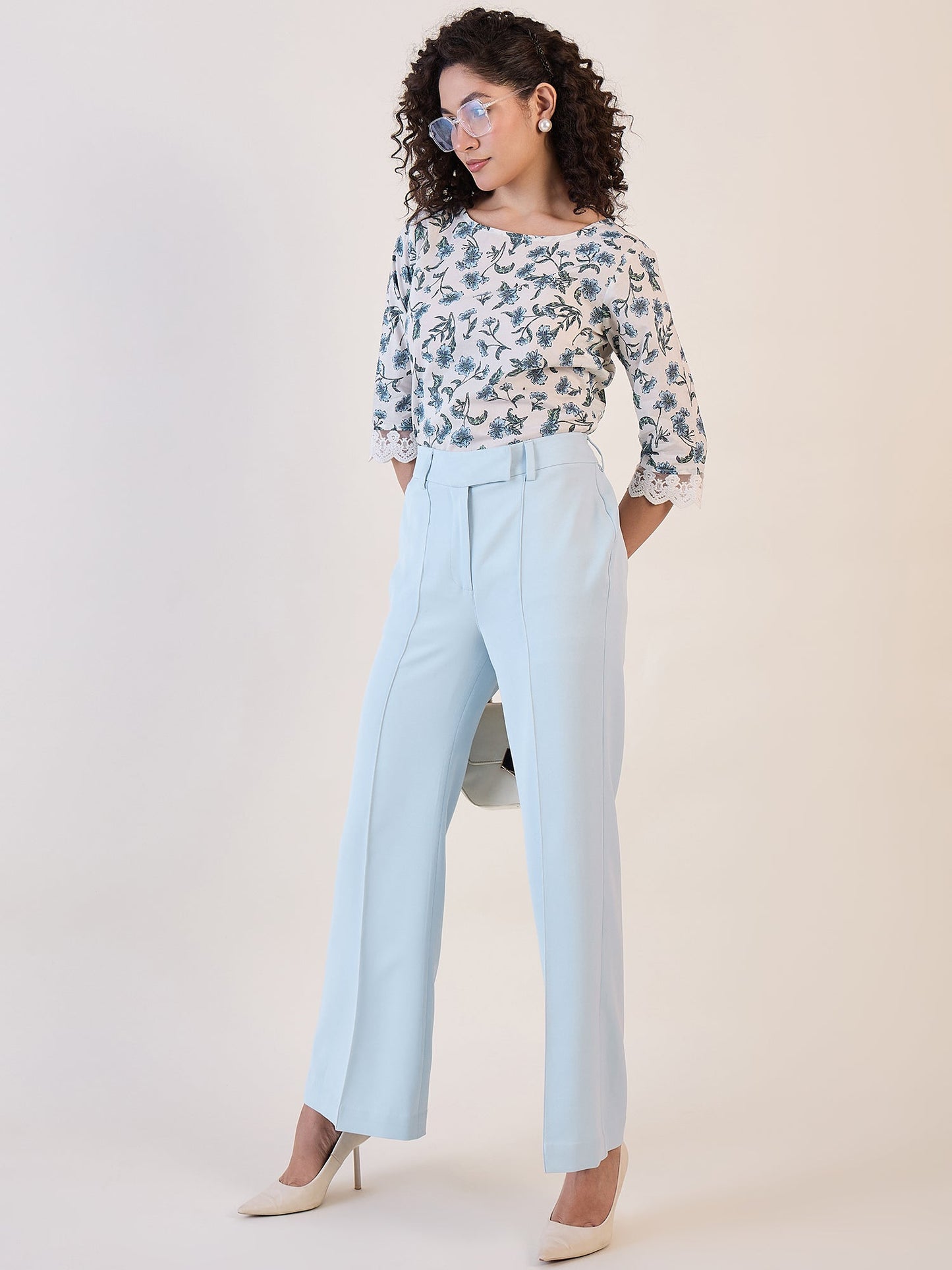 Light Blue Mid Waist Straight Fit Trouser