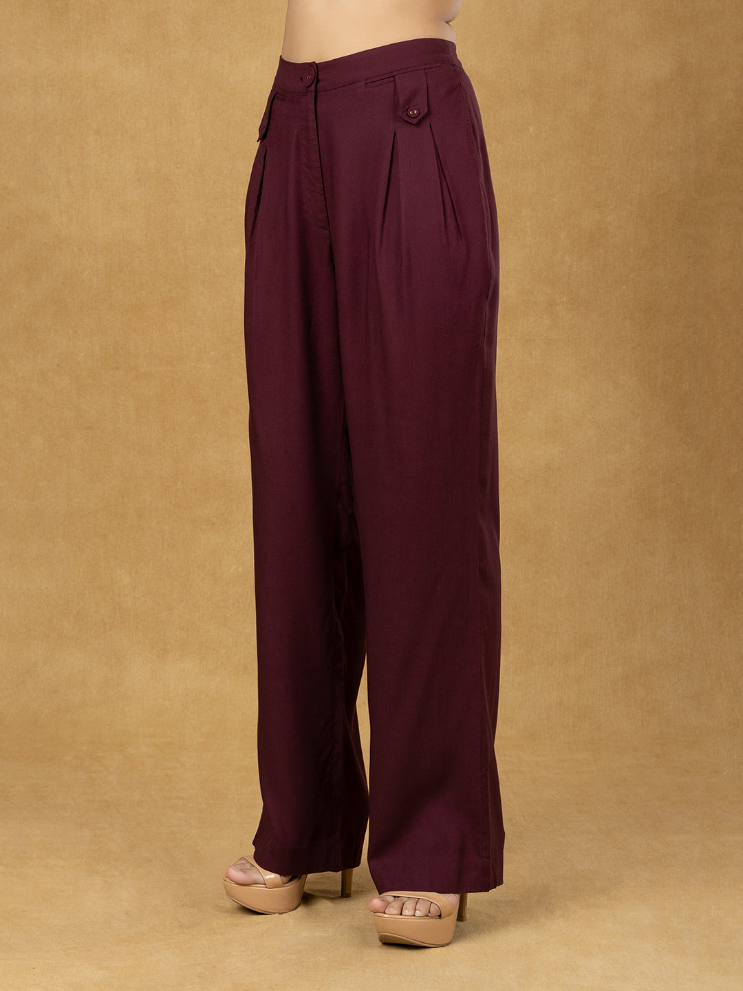 Burgundy Inverted Pleats High Waist  Trouser