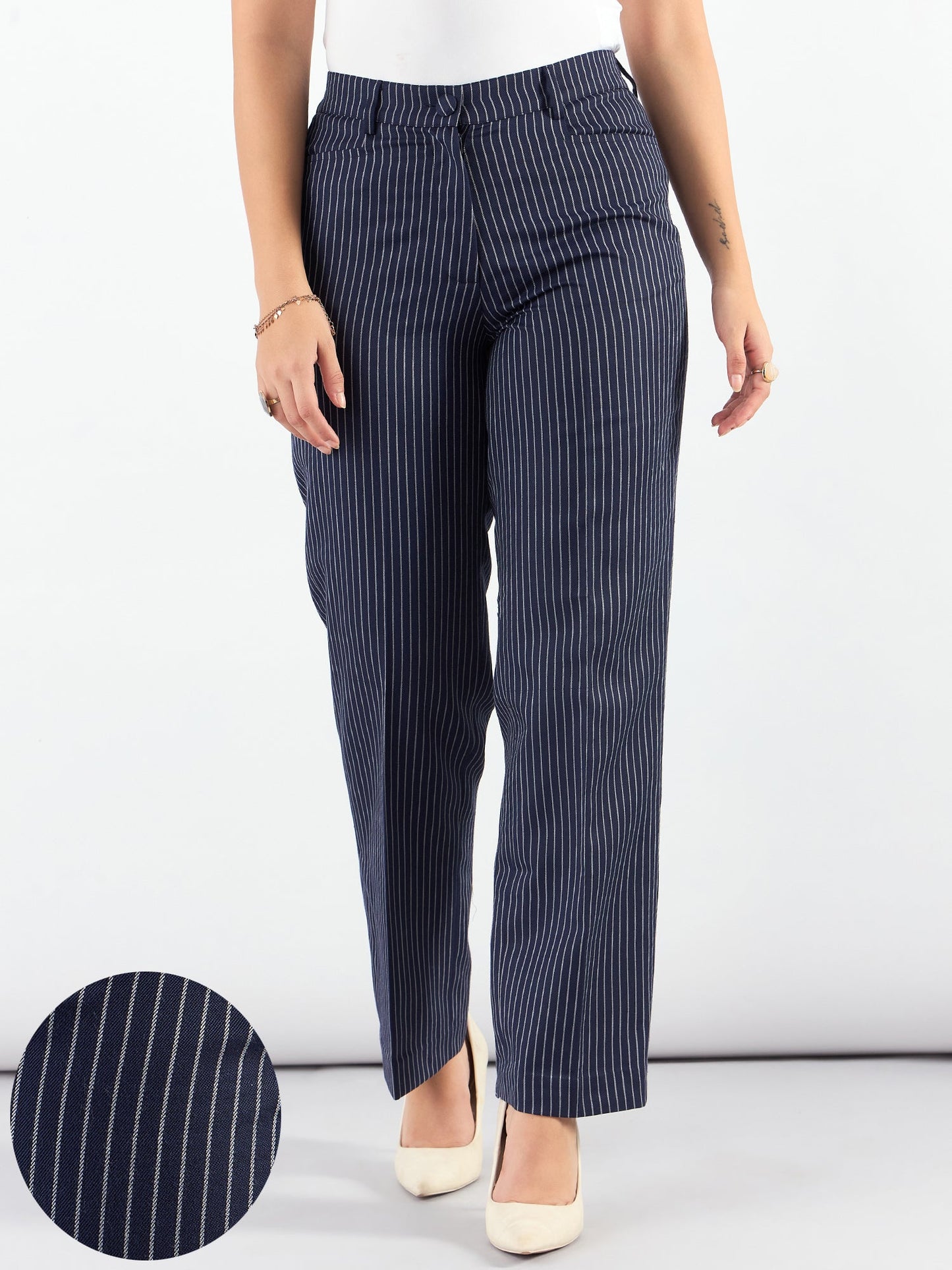 Blue-Striped High Waist Tailored Trousers