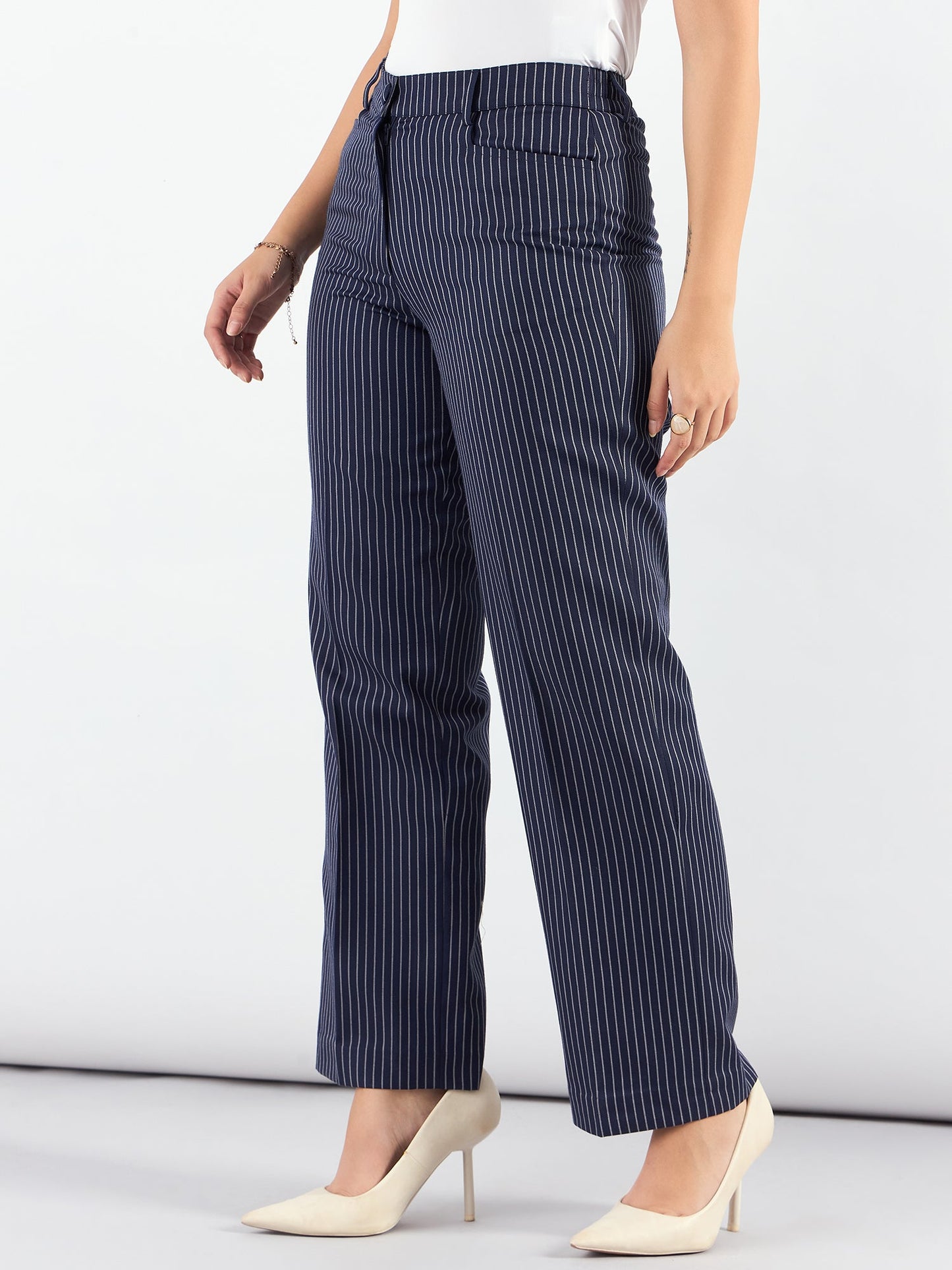 Blue-Striped High Waist Tailored Trousers