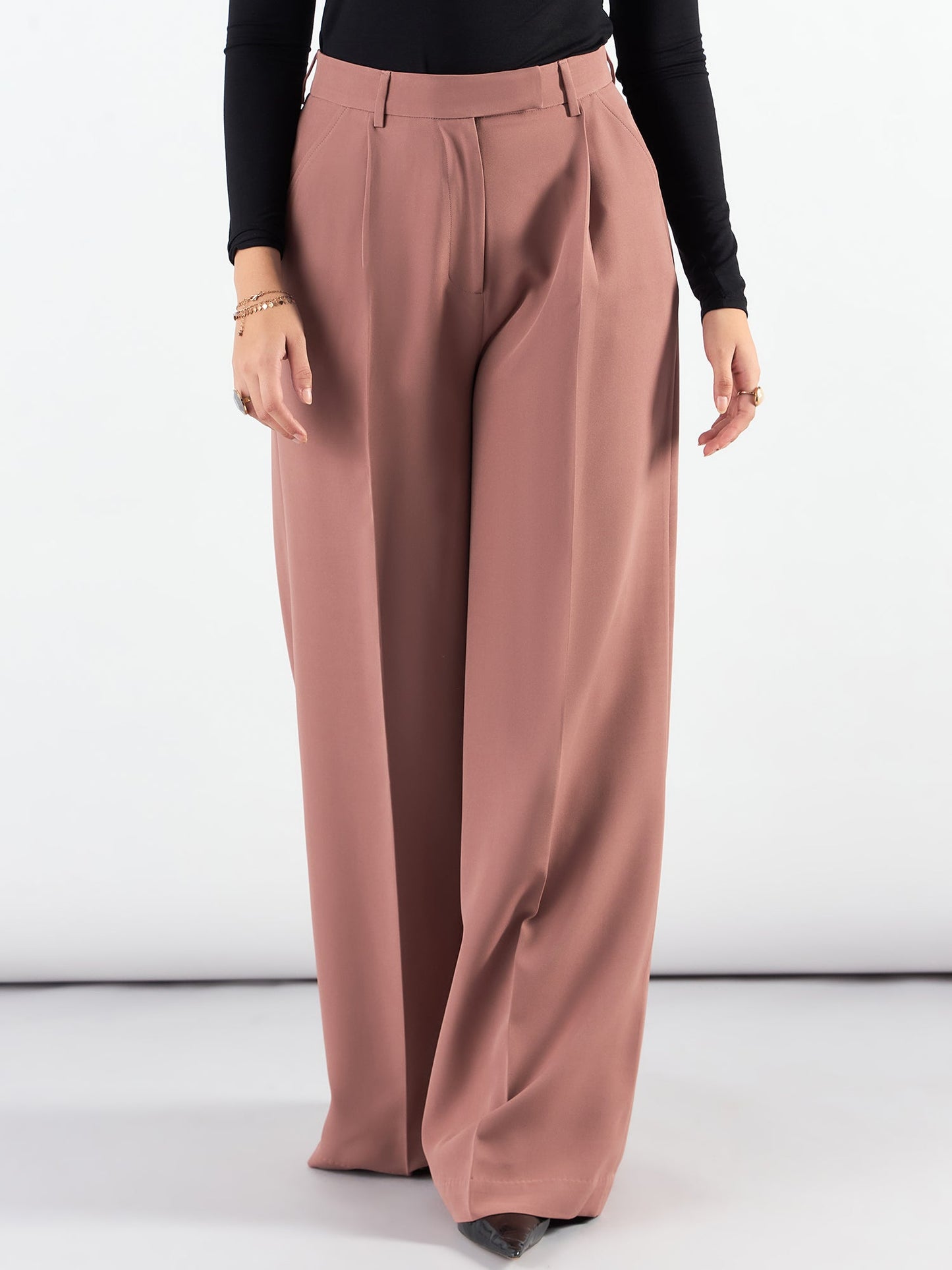 Dusty Peach Classic Relaxed Straight Fit High Waist Wide Leg Trouser In Stretchable Fabric