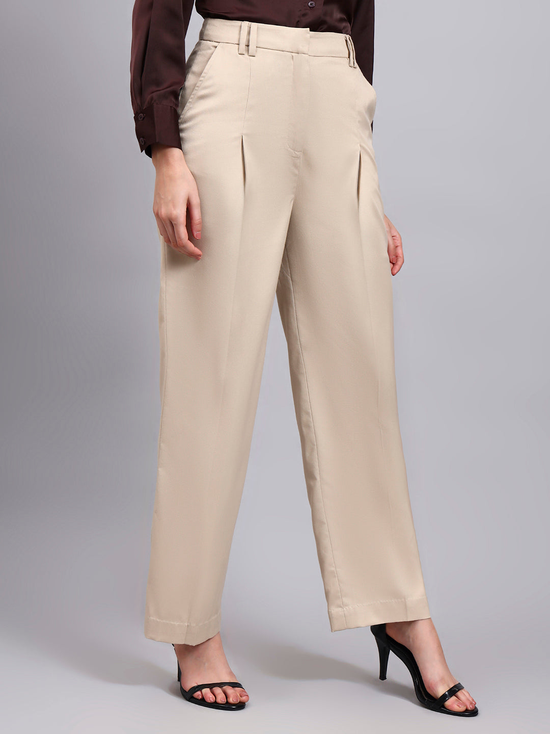 Powersutra Light Beige High Waist Pleated Trouser