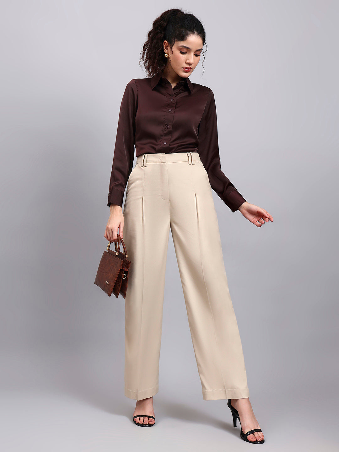 Powersutra Light Beige High Waist Pleated Trouser