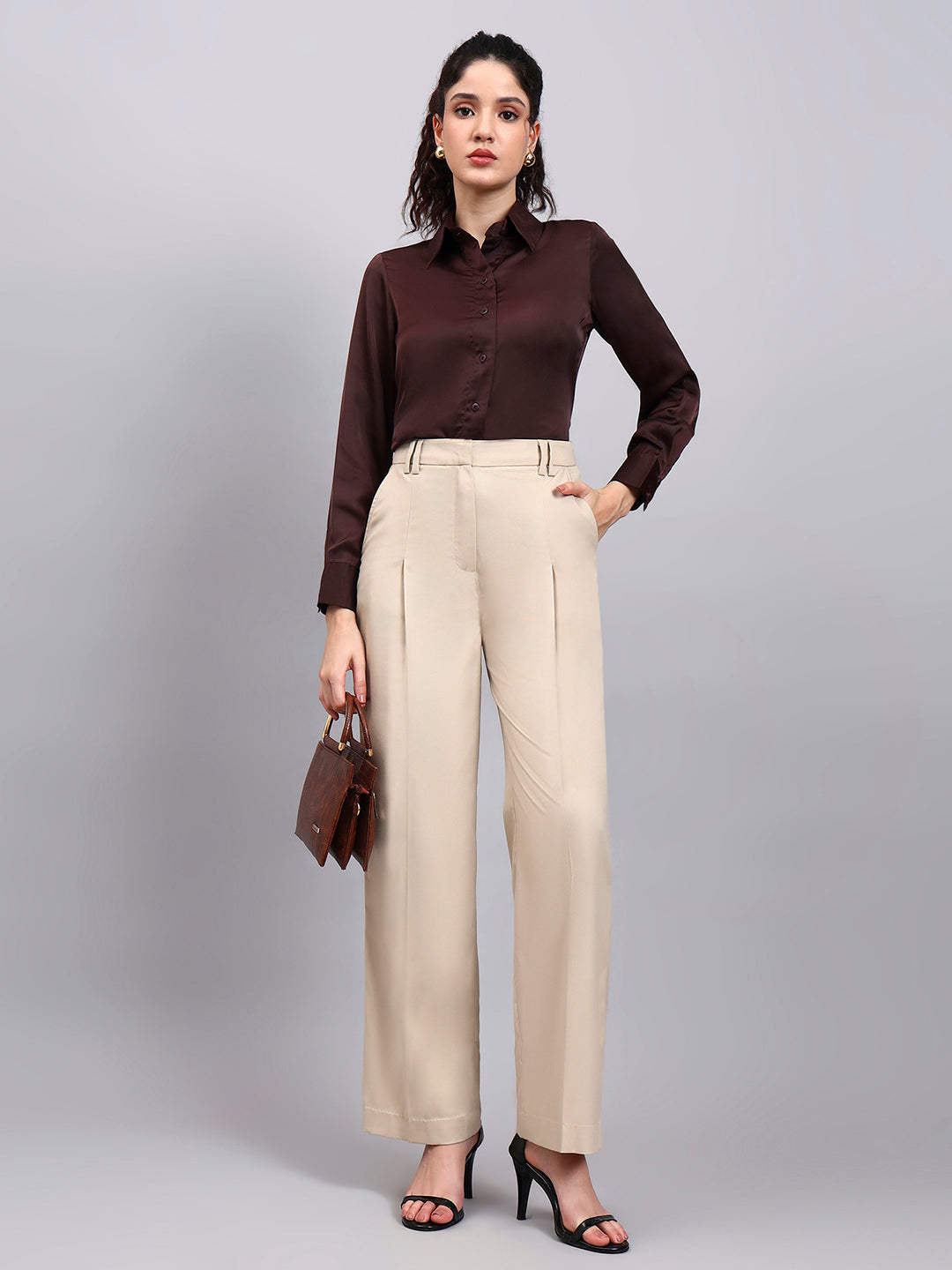 Powersutra Light Beige High Waist Pleated Trouser