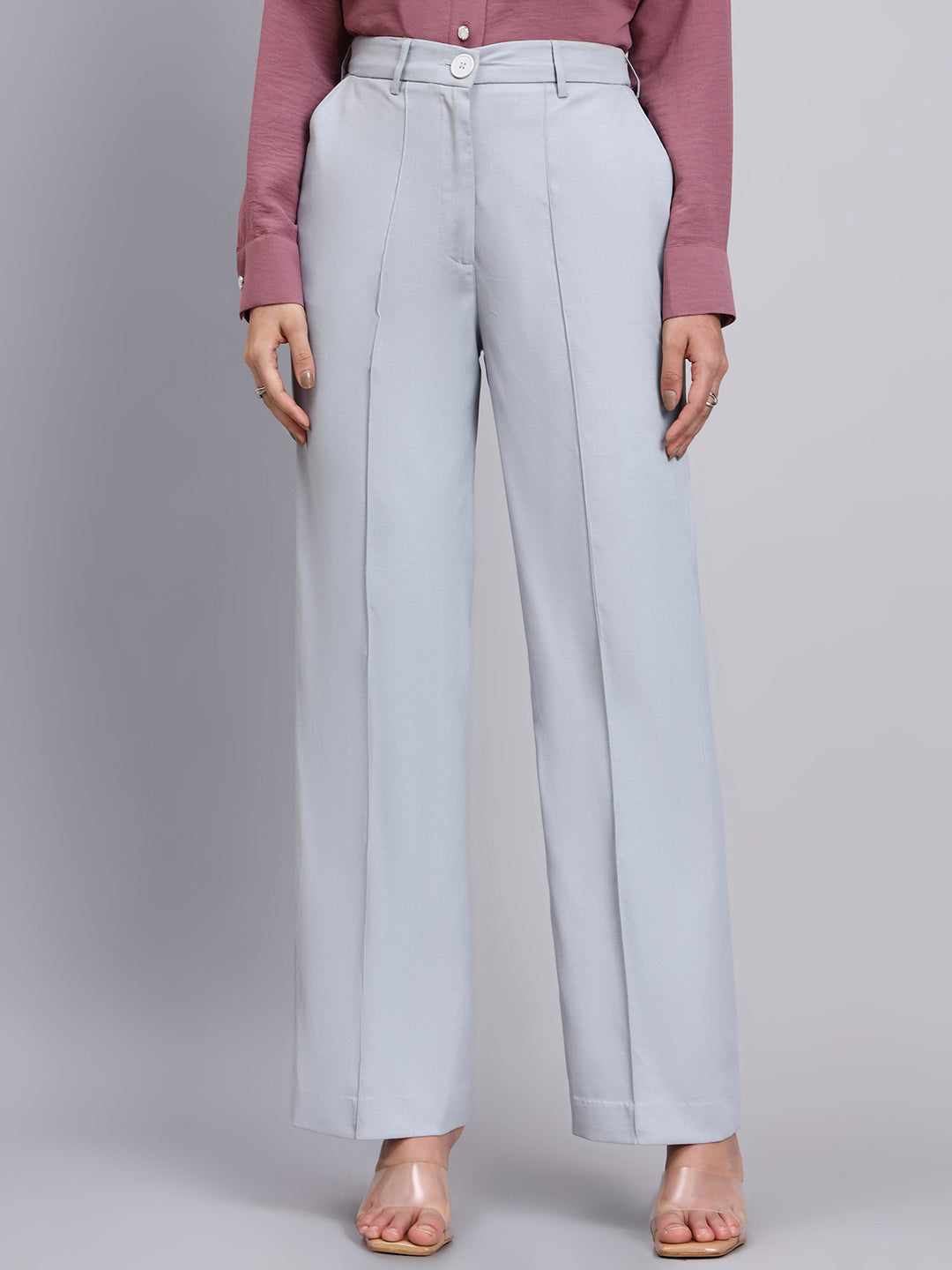 Powersutra Refined Silver Dust Grey Stretchable Trousers With Button Closure