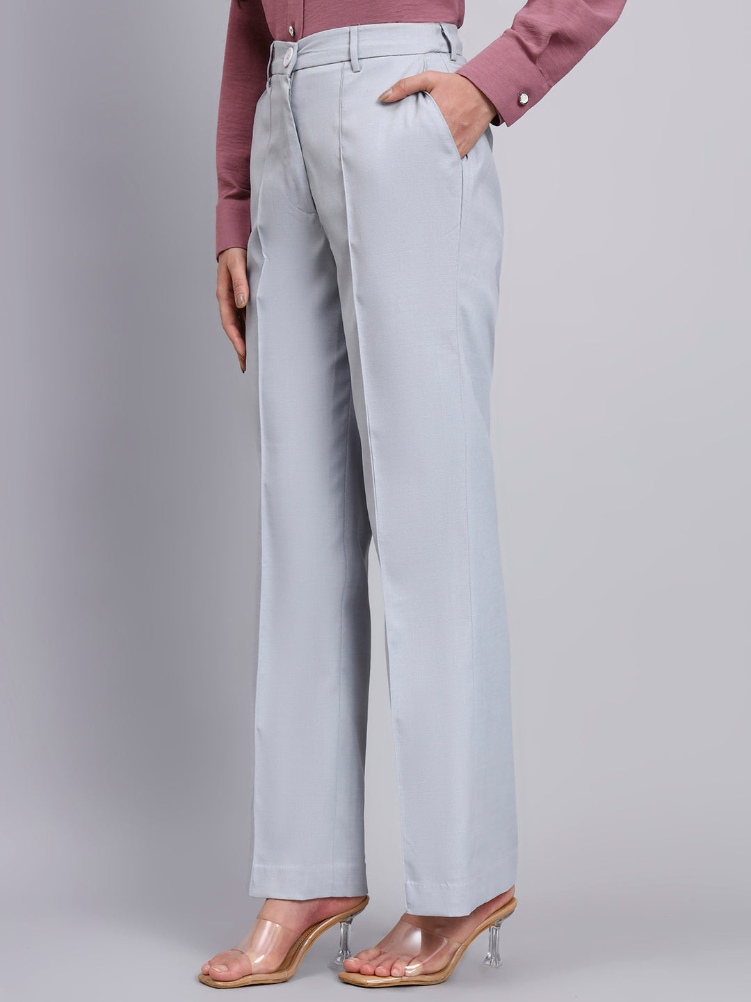 Powersutra Refined Silver Dust Grey Stretchable Trousers With Button Closure