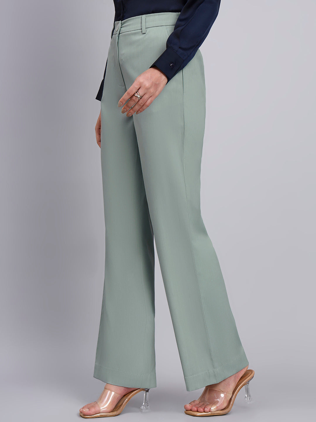 Powersutra Refined Sage Green Stretchable Trousers With Button Closure