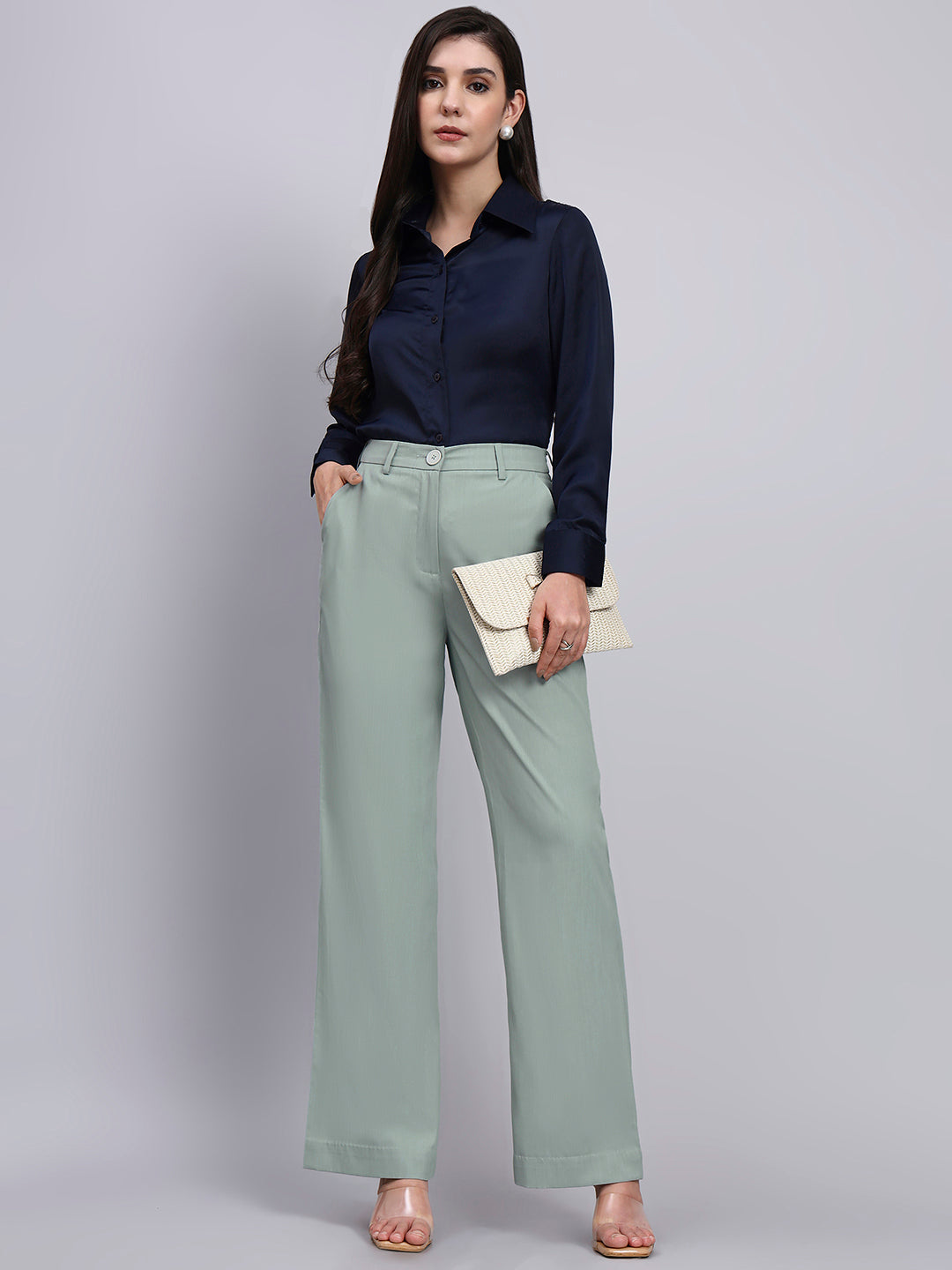 Powersutra Refined Sage Green Stretchable Trousers With Button Closure