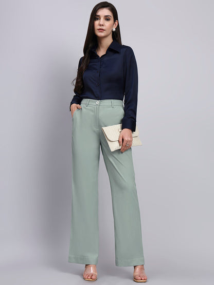 Powersutra Refined Sage Green Stretchable Trousers With Button Closure