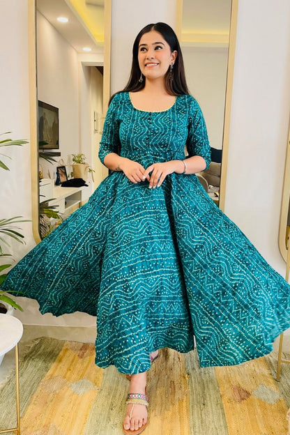 Teal Bandhani Twirl Maxi Dress