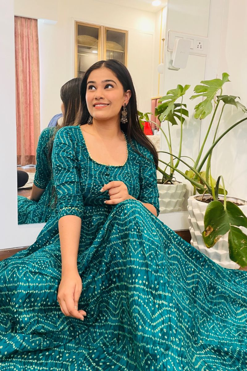 Teal Bandhani Twirl Maxi Dress