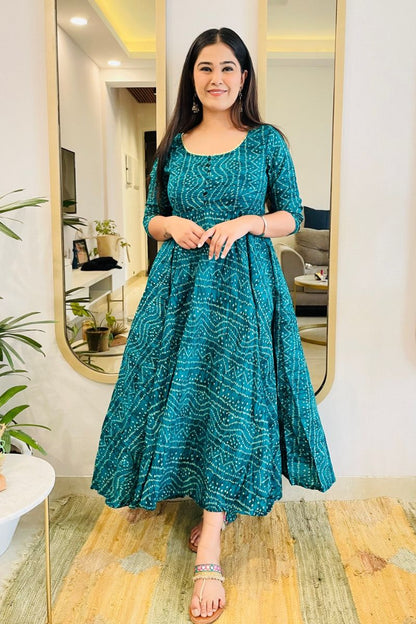 Teal Bandhani Twirl Maxi Dress