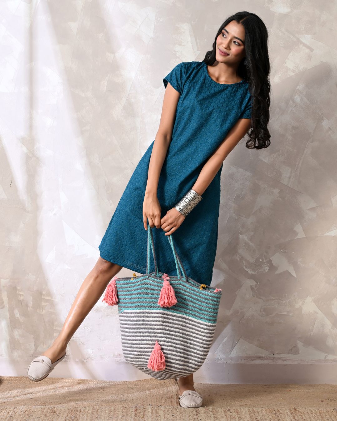 Nila Teal Embroidered Shift Dress