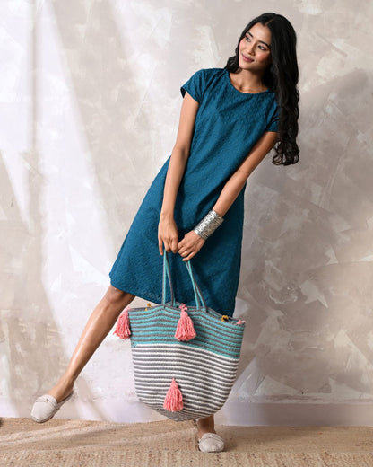 Nila Teal Embroidered Shift Dress