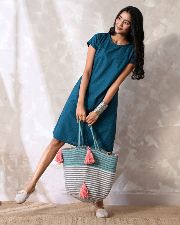 Nila Teal Embroidered Shift Dress