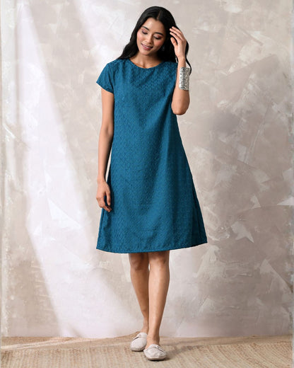 Nila Teal Embroidered Shift Dress