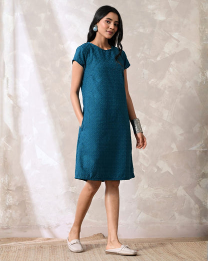 Nila Teal Embroidered Shift Dress