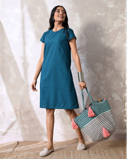 Nila Teal Embroidered Shift Dress