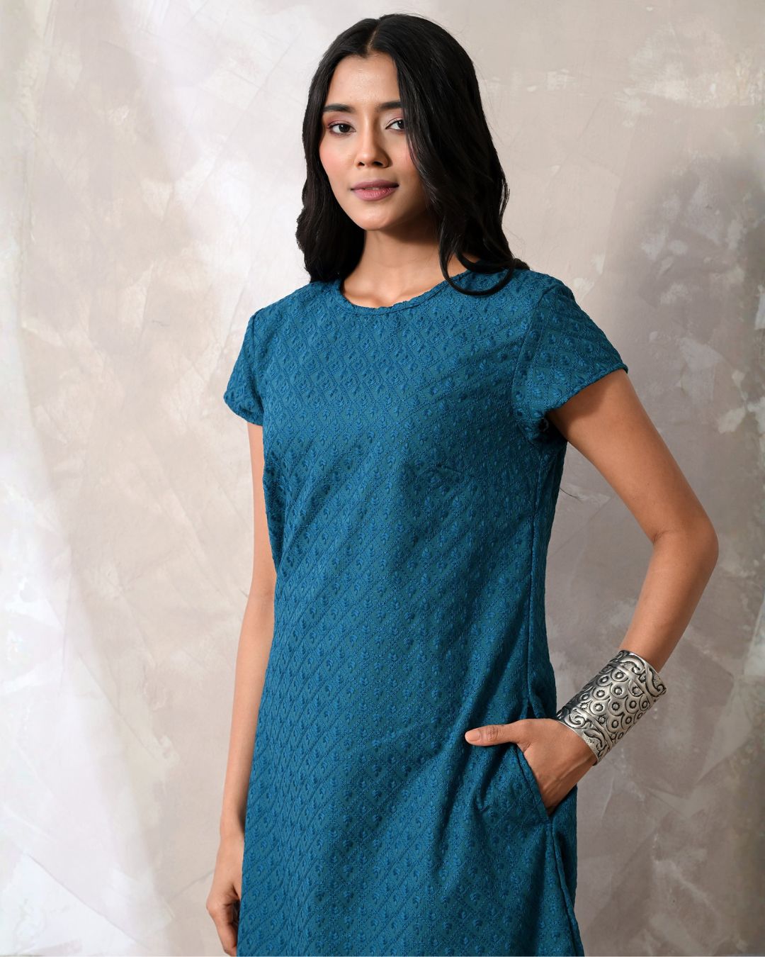 Nila Teal Embroidered Shift Dress