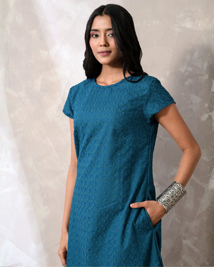 Nila Teal Embroidered Shift Dress