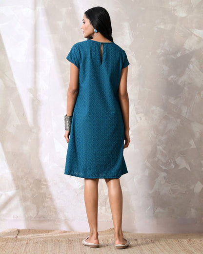 Nila Teal Embroidered Shift Dress