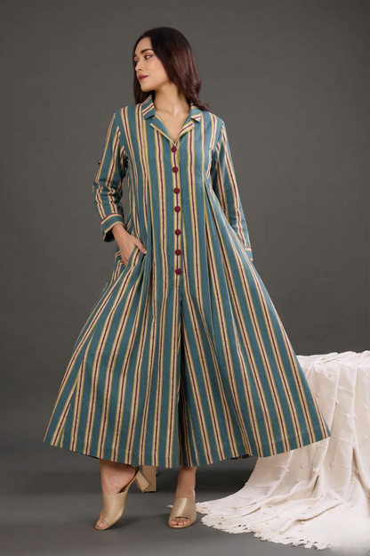 Teal Berry Lines Cotton Jumpsuit With Pockets & Collar Mc