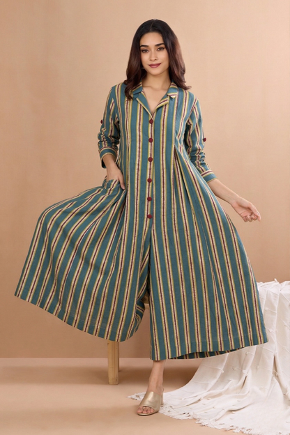 Teal Berry Lines Cotton Jumpsuit With Pockets & Collar Mc