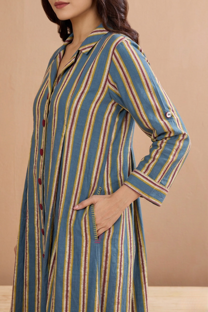 Teal Berry Lines Cotton Jumpsuit With Pockets & Collar Mc