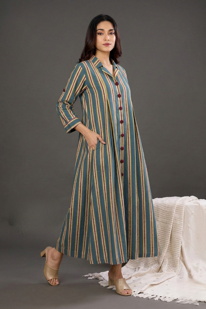 Teal Berry Lines Cotton Jumpsuit With Pockets & Collar Mc