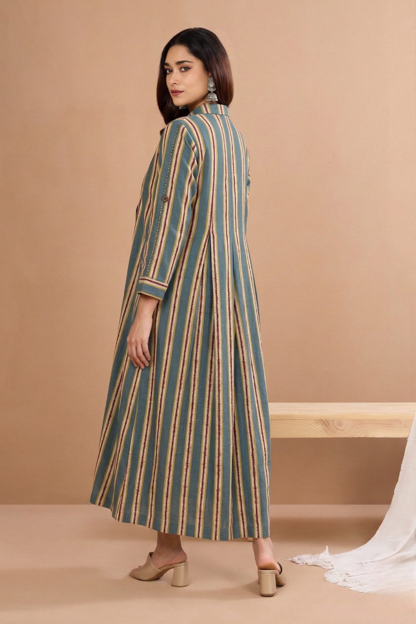 Teal Berry Lines Cotton Jumpsuit With Pockets & Collar Mc