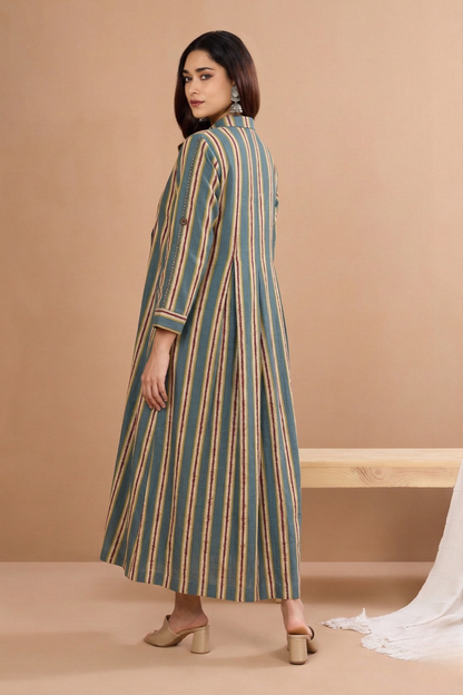 Teal Berry Lines Cotton Jumpsuit With Pockets & Collar Mc
