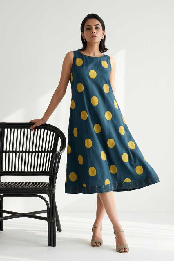Teal Sunshine Dots Cotton Round Neck Sleeveless Dress Mc