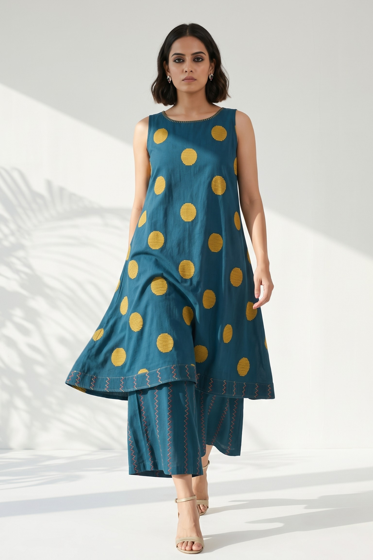 Teal Sunshine Dots Cotton Round Neck Sleeveless Dress Mc